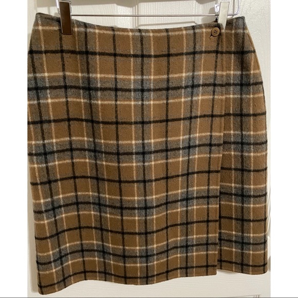 Alexandra Bartlett Brown Blue Plaid Wool Angora Knee A Line Wrap Skirt - Picture 12 of 12